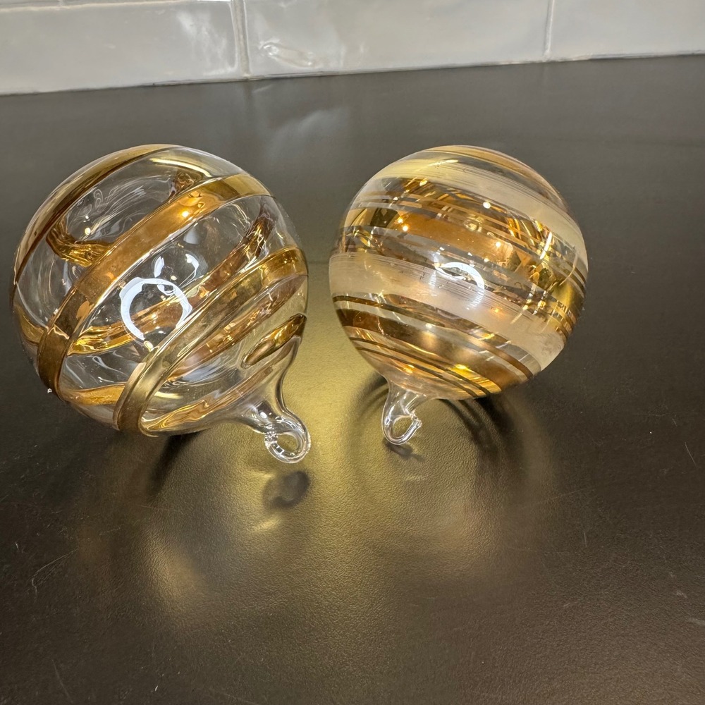 Hand Blown Glass Ornaments Set of 2 3in Gold Swirl Frosted Striped Holiday Decor